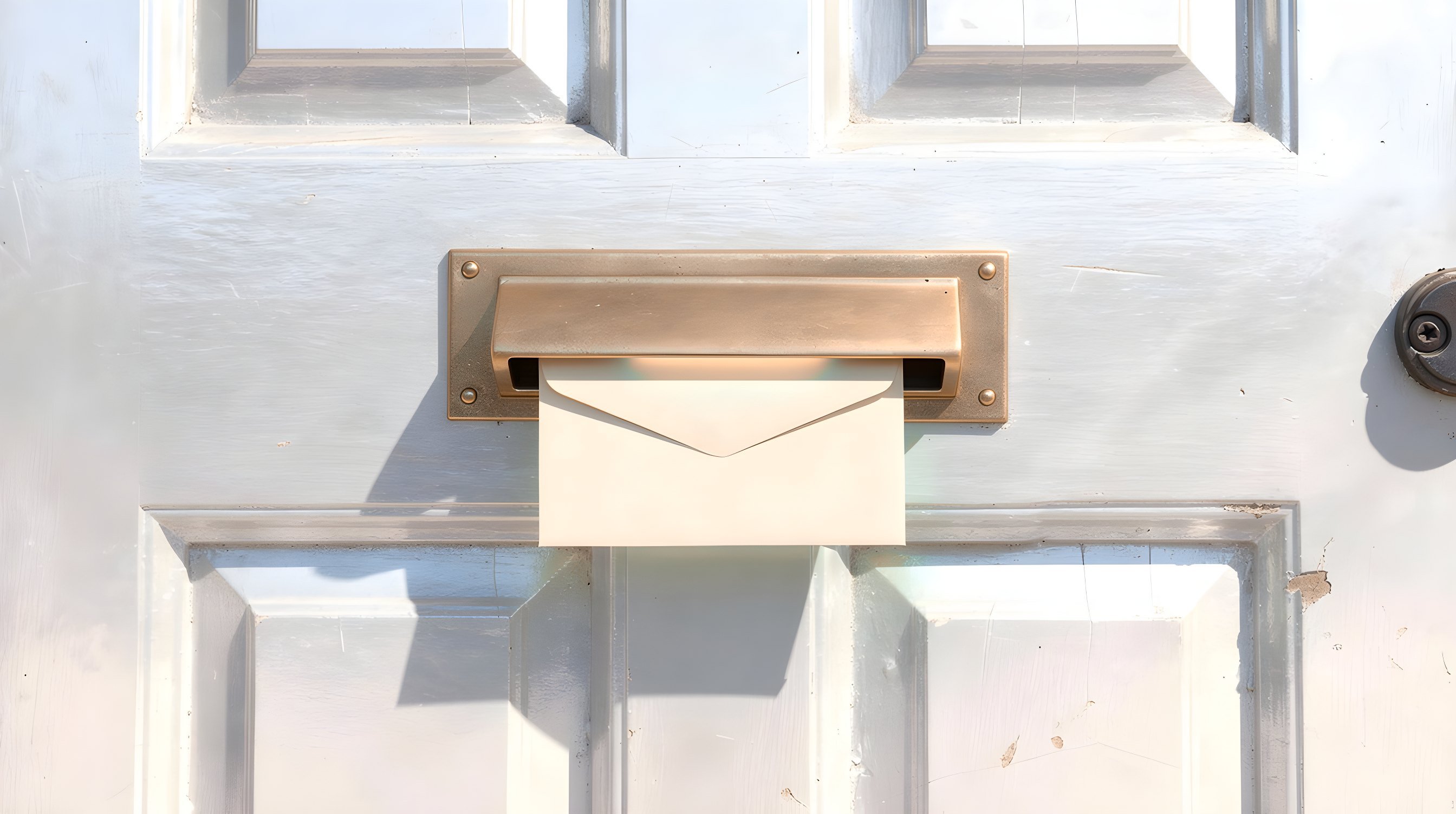 Illustration: a dark front door with a brass mail slot and a plain cream envelope half pushed through, teal light beyond.
