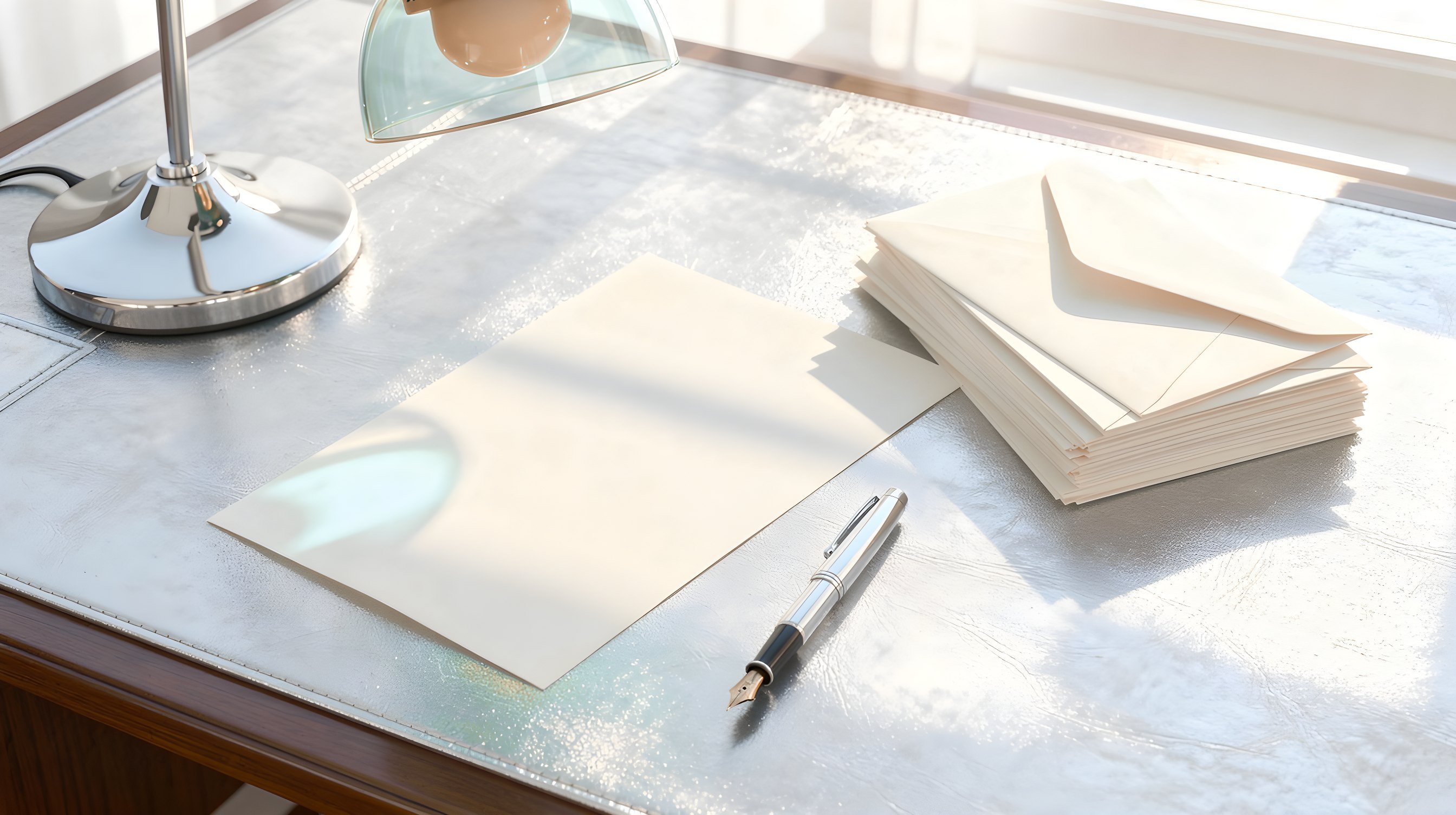 Illustration: a leather-topped writing desk with a fountain pen, a blank sheet of paper, and a glass lamp glowing cool teal.