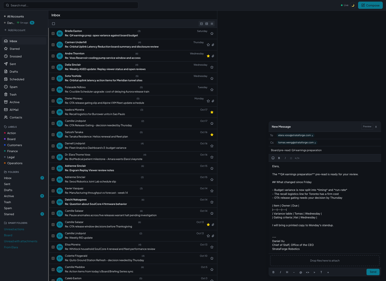 Courier's compose window with recipients, a subject, and a Markdown message in the editor.