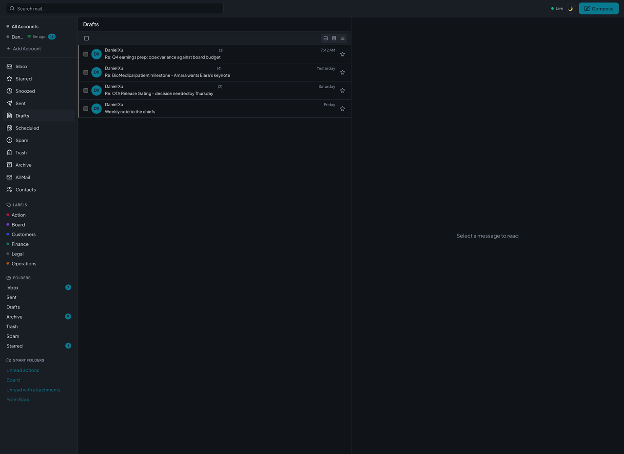 Courier's Drafts view listing unsent replies and one new note.