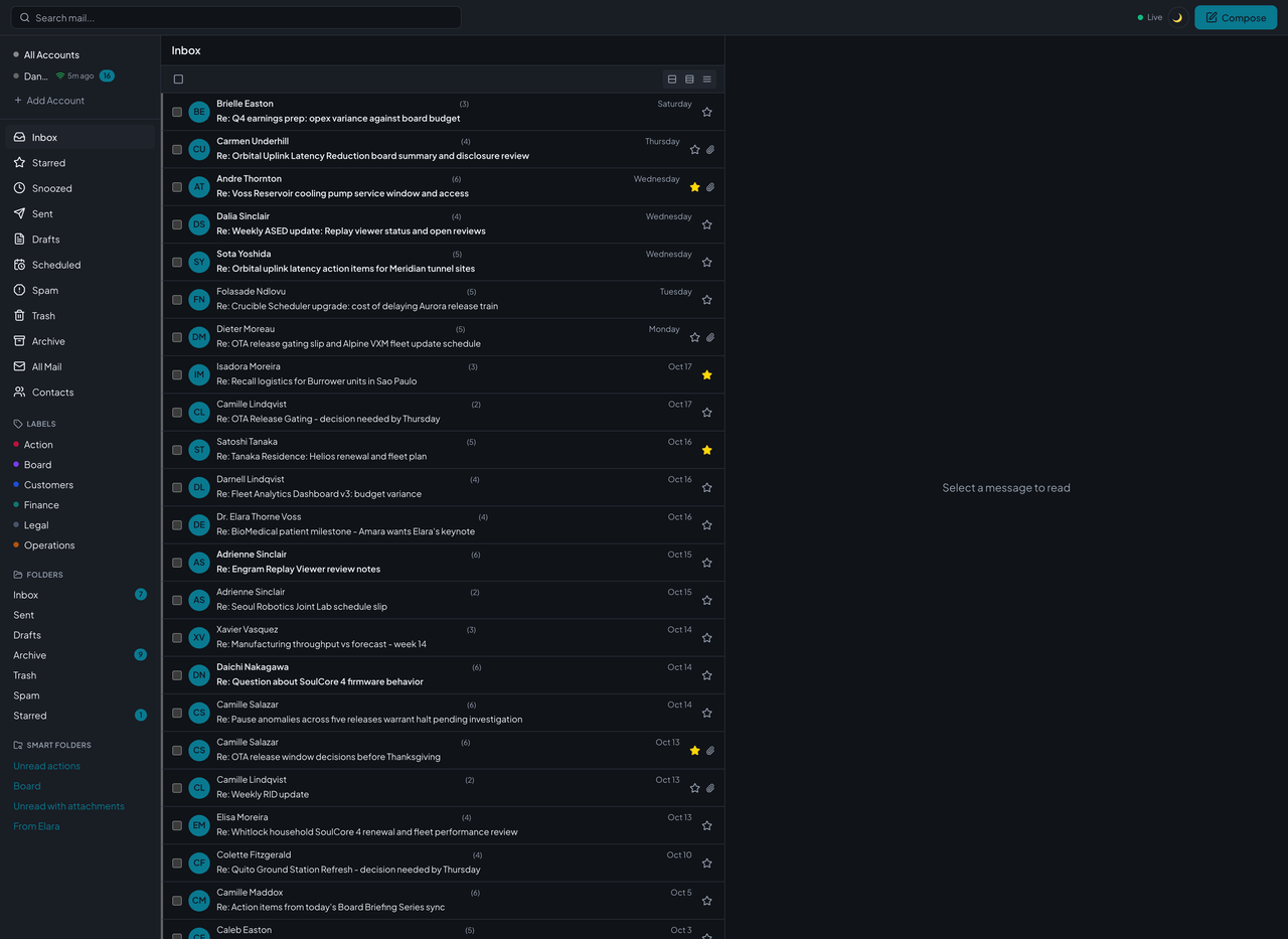 Courier's inbox: a sidebar of folders, labels, and smart folders on the left, and a list of conversations with sender, subject, reply count, date, star, and attachment marks.