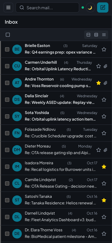 Courier's inbox on a phone-sized screen: a menu button, the search box, and the compose button across the top, then one conversation per row with sender, subject, date, and star.