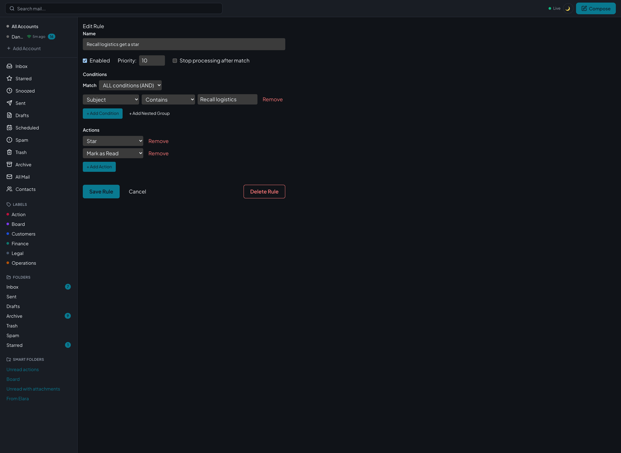 Courier's rule editor: a rule named Recall logistics get a star, with a condition that the subject contains Recall logistics and two actions, Star and Mark as Read.