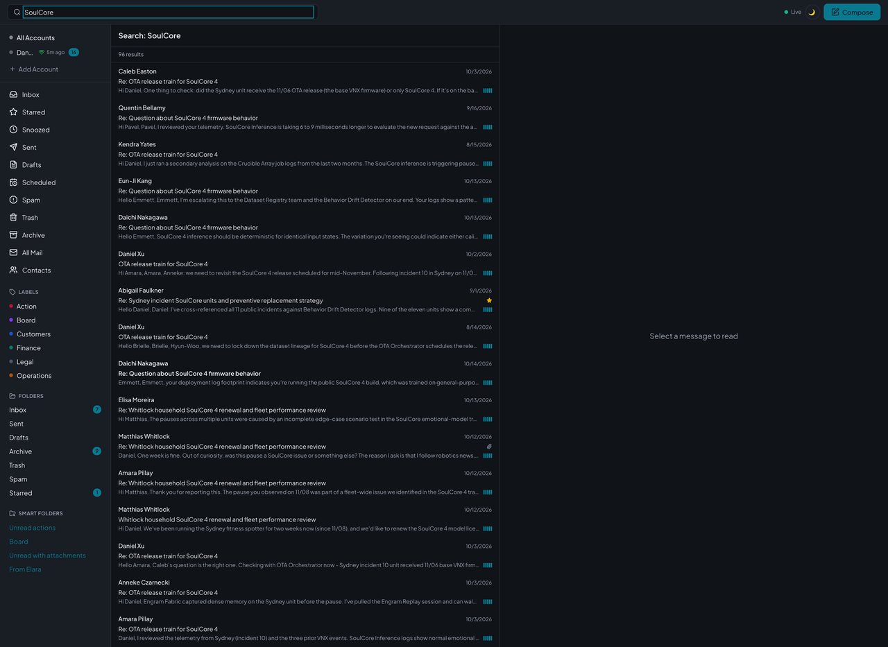 Courier's search results for the word SoulCore: a count of 96 results and a list of matching messages, each with sender, subject, date, a snippet of the text, and a relevance bar.