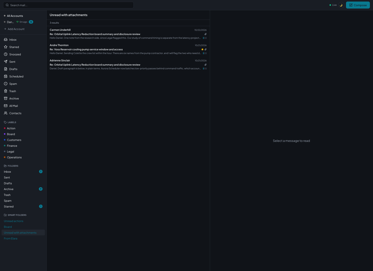 Courier's Unread with attachments smart folder, highlighted in the sidebar, listing the three unread messages that carry attachments.