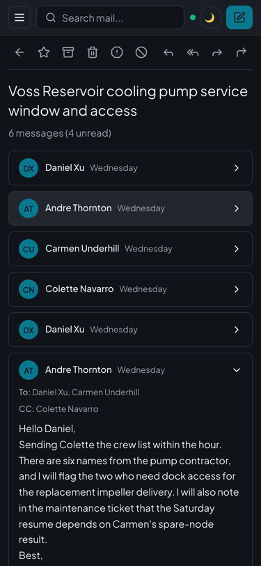 A conversation in Courier on a phone-sized screen: a back arrow and the action buttons, the subject, folded earlier messages, and the newest message open.